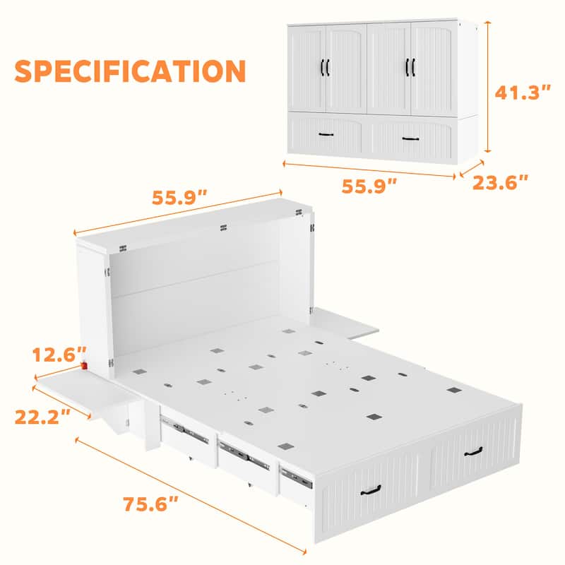 Queen Size White Storage Bed Frame with Headboard Storage, Built-In Cabinets, Drawers & Side Shelf