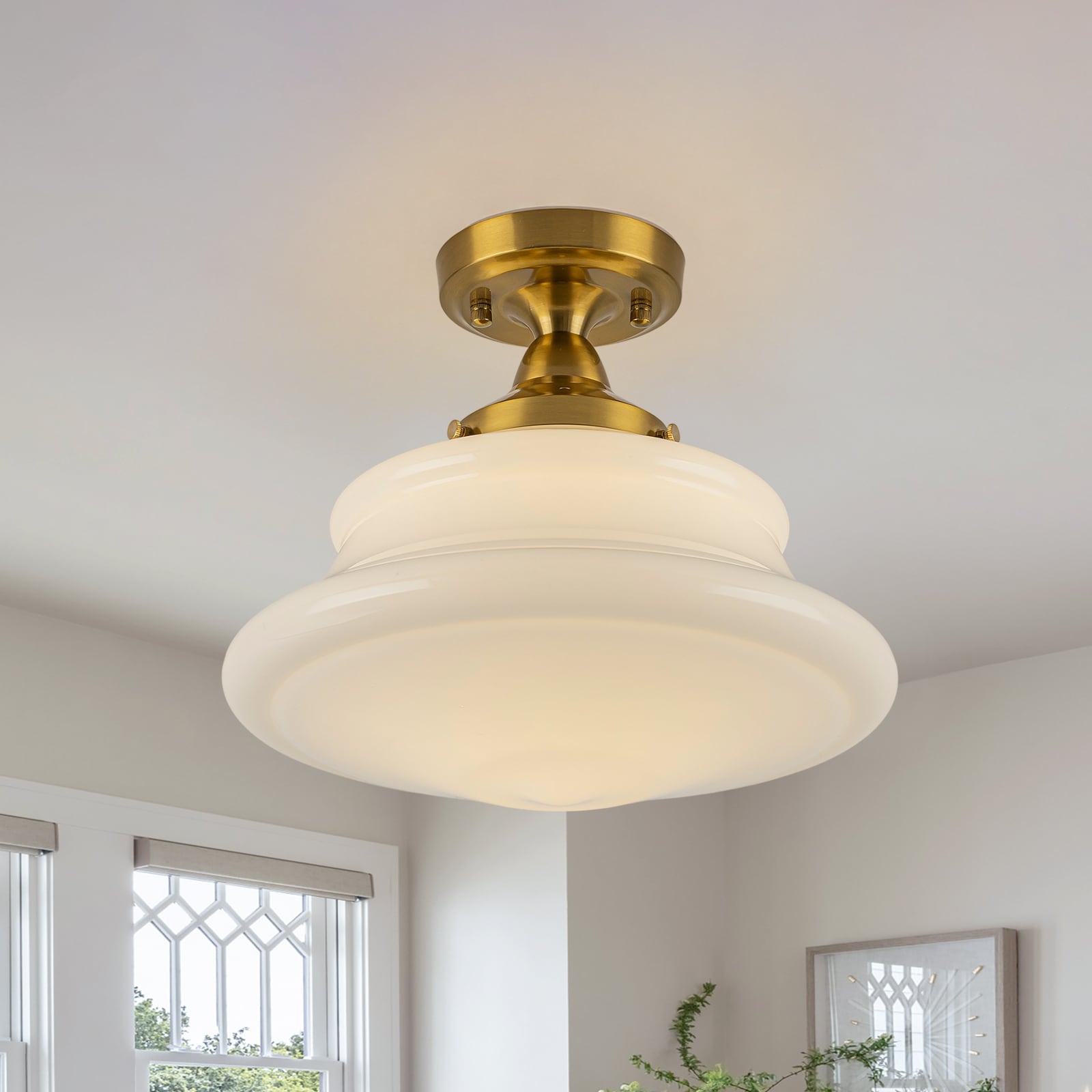 1-Light Gold Dome Flush Mount Ceiling Light with Opal Glass