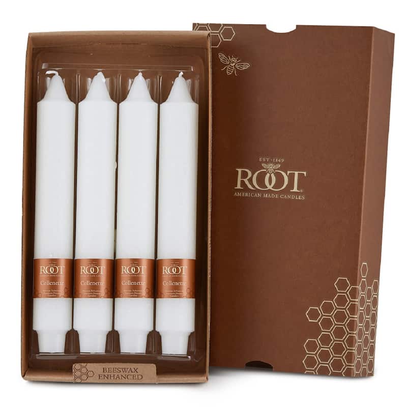 Root Unscented 9 In. Timberline™ Collenette Taper Candles box of 4 - 9 X 1-1/4 - White