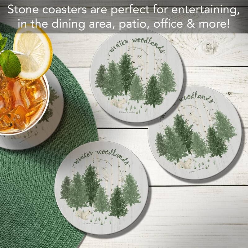 CounterArt Winter Woodlands Absorbent Stone Tumbled Tile Coaster Set of 4 Made in The USA Protective Cork Backing
