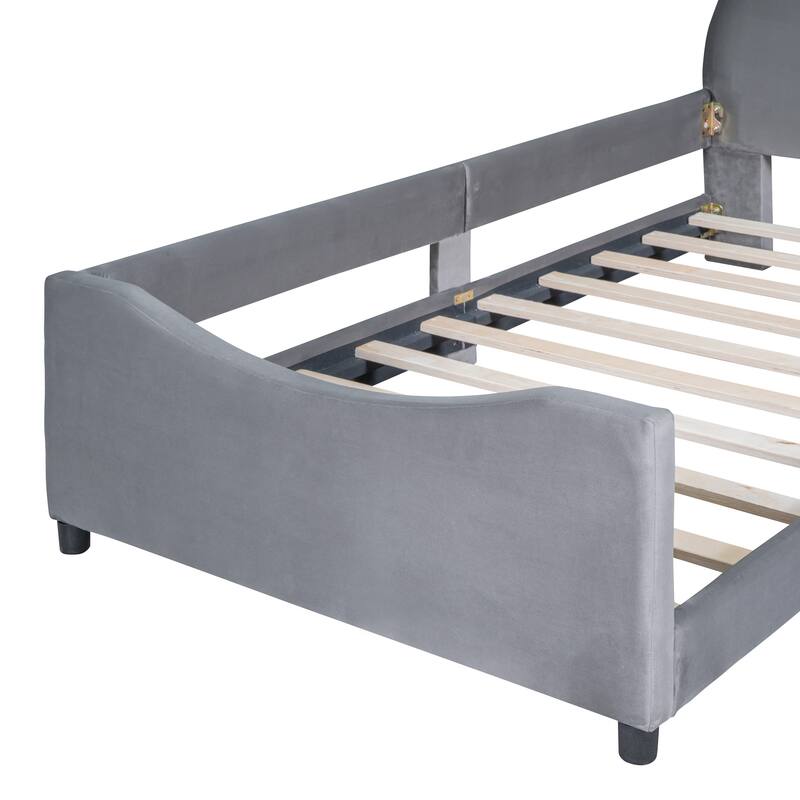 Twin Upholstered Daybed with Fun Rabbit Ear-Shaped Headboard, Velvet Finish, and Sturdy Wood Frame - Grey/Beige/Pink