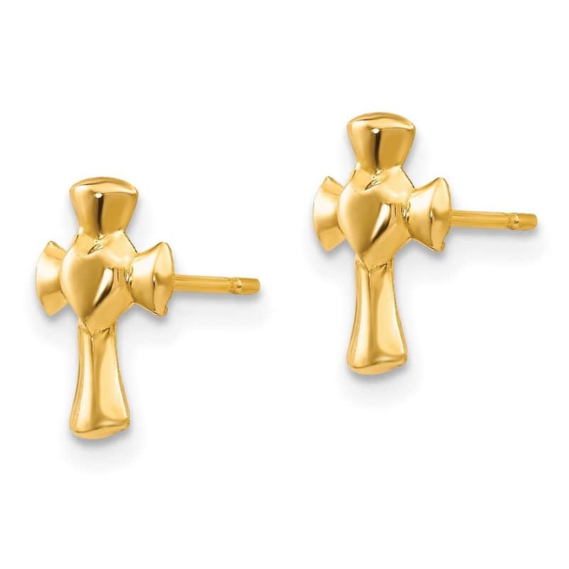 Curata Solid 14k Yellow Gold 10x6mm Childrens Polished Heart Cross Post Earrings - Orange
