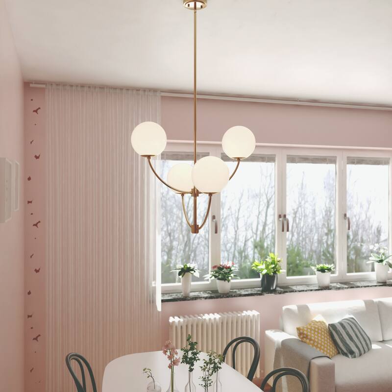 Avers 4 Light LED Compatible Gold Brass Mid-Century Modern Chandelier White Globe Glass - 26-in W x 27.25-in H x 26-in D
