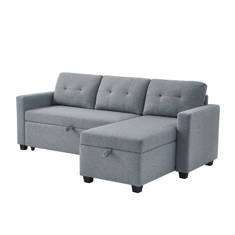 81.5" Linen Upholstered Sectional Sofa with Pull-Out Bed and Storage Chaise, Convertible 3-Seater