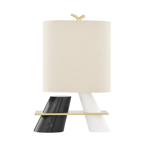 slide 1 of 1, Hudson Valley Traverse 1-Light Aged Brass Table Lamp with Beige Linen Shade