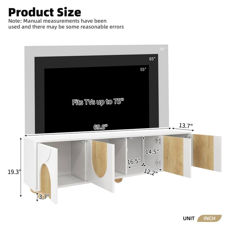69.6" Farmhouse TV Stand for TVs up to 75", Media Console with Cable Holes, Rebound Doors, 5 Wood Legs