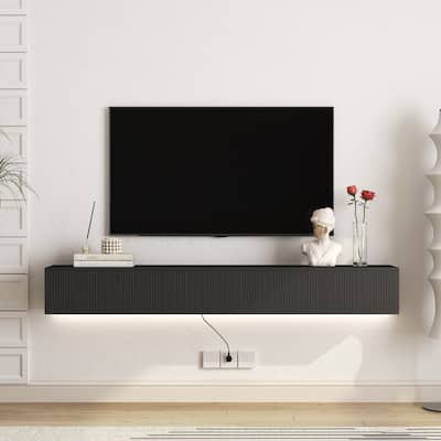 ​​Modern Black Floating TV Stand with 3 Storage Cabinets and 16 Color LEDs for Living Room Gaming​ and Bedroom