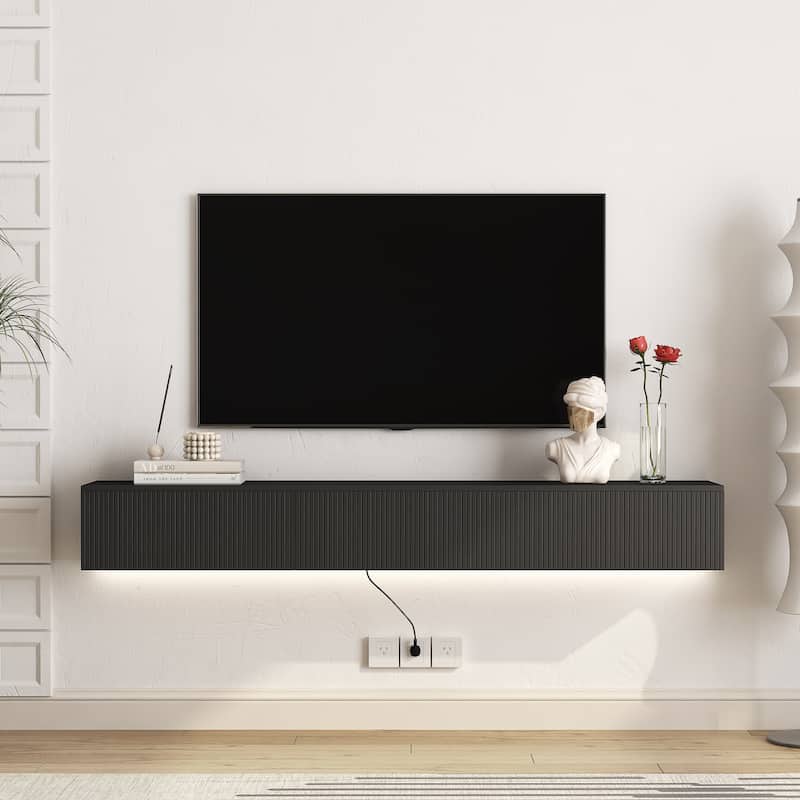 Modern Floating Wall-Mounted TV Cabinet, for 55, 60 and 65 Inch TVs, with 16-Color LED Lights, for Living Rooms, Black - Black