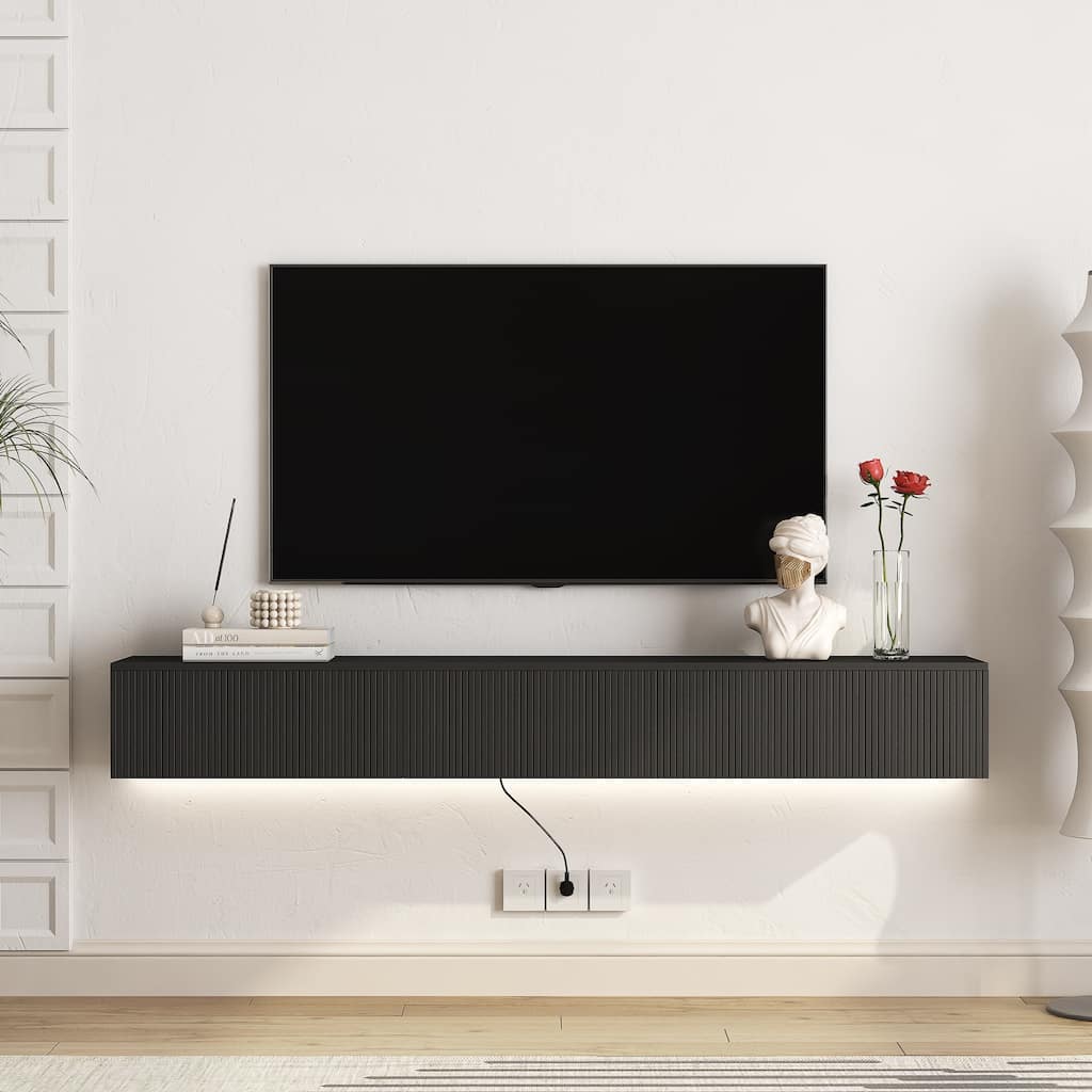 Modern Floating Wall-Mounted TV Cabinet, for 55, 60 and 65 Inch TVs, with 16-Color LED Lights, for Living Rooms, Black