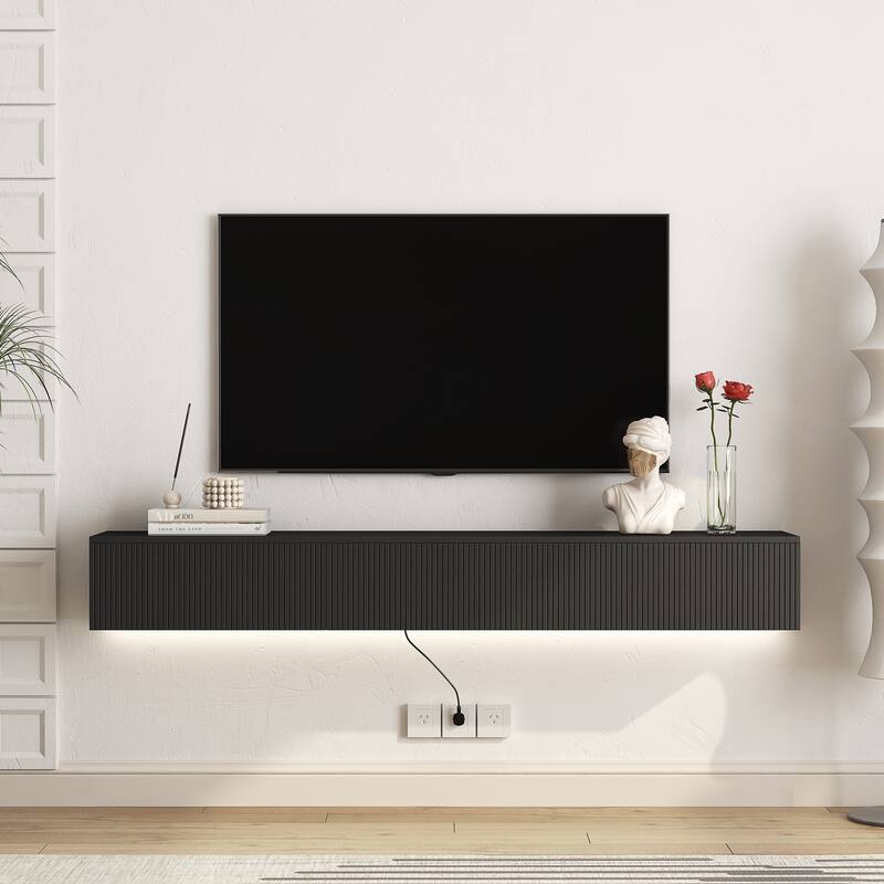 Pure Black Wall TV Stand with Storage, Modern Floating Media Console w/ LED Light, Entertainment Media Center for TVs Up to 65" - Black