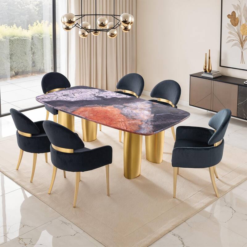 Contemporary 7PC Dining Set Gold Finish Table and Side Chairs - Black
