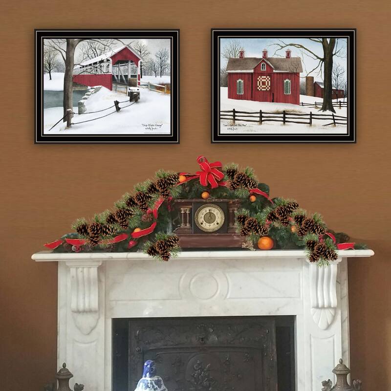 2-Piece Framed Wall Art Set - Lovers Knot Quilt Barn & Covered Bridge, Black Frame