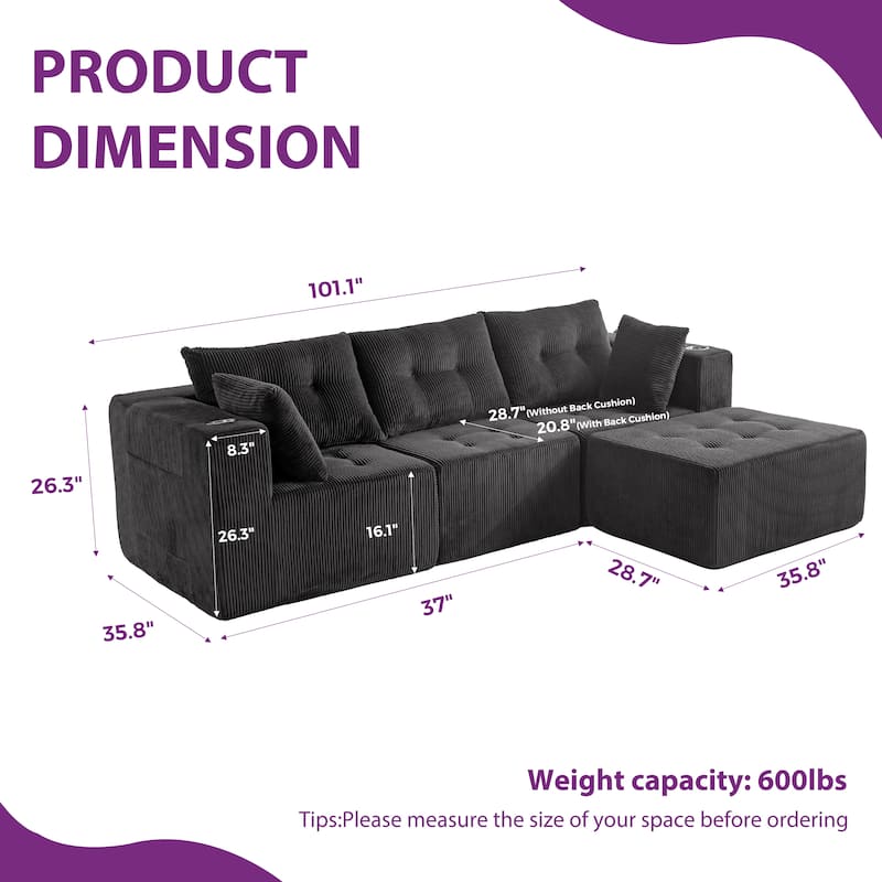 Corduroy Modular Sectional Sofa - 35.8"D x 101"W x 26.3"H