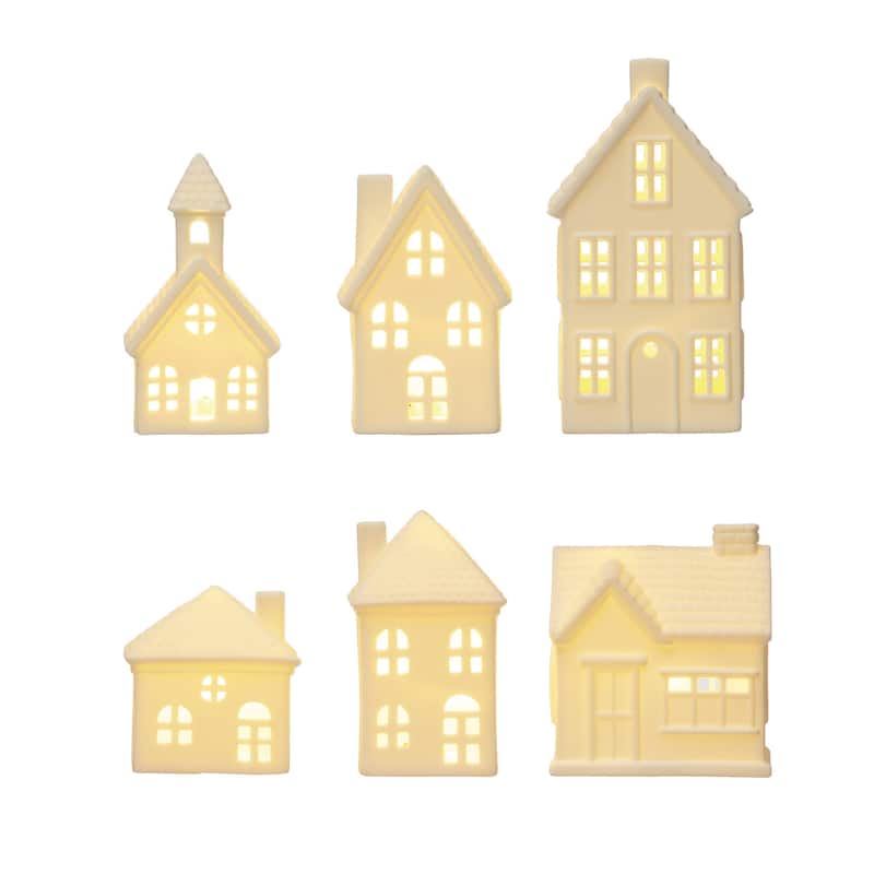 Stoneware Bisque Houses with LED Lights, Set of 6 - Multi