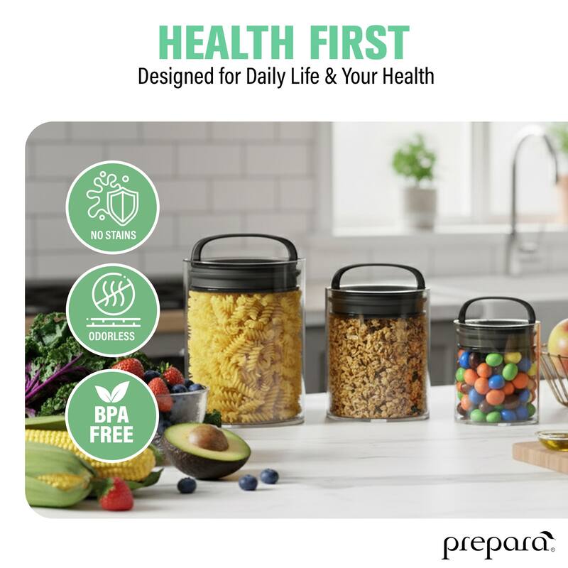 Prepara Evak Fresh Saver Short - Black Handle, Variety Pack (Set of 3) - L: 5.75 × 5.67" M: 5.12 × 4.65" S: 4.06 × 3.78"