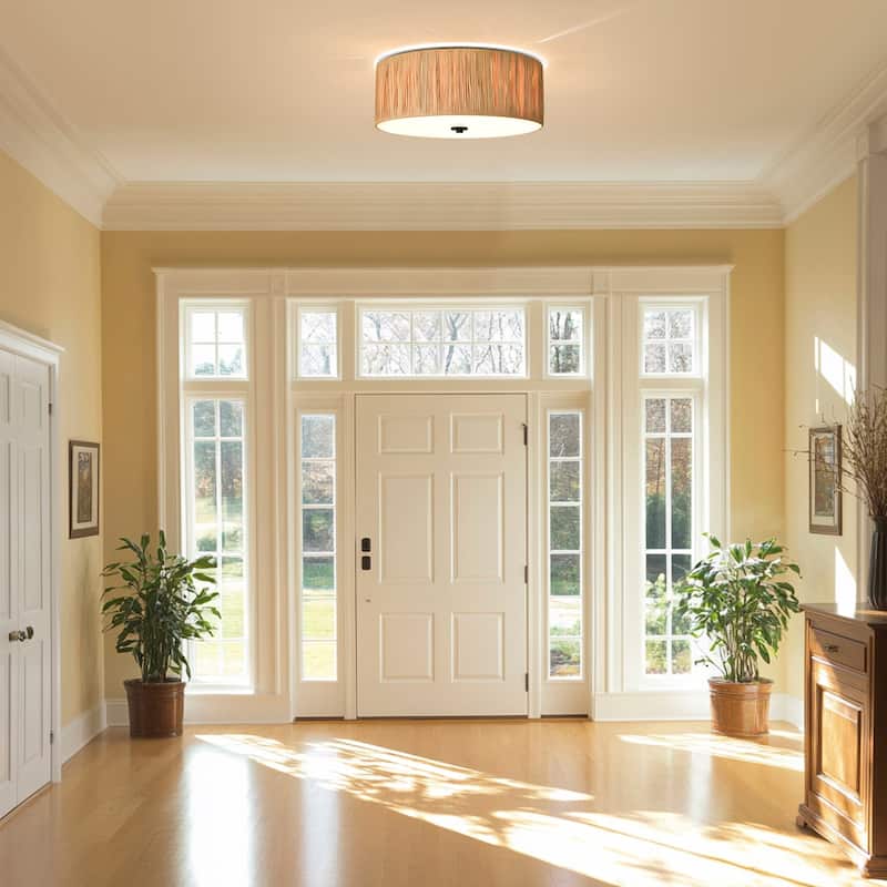 4-Light 16 in. Natural Farmhouse Flush Mount Ceiling Light with Raffia and Acrylic Shade