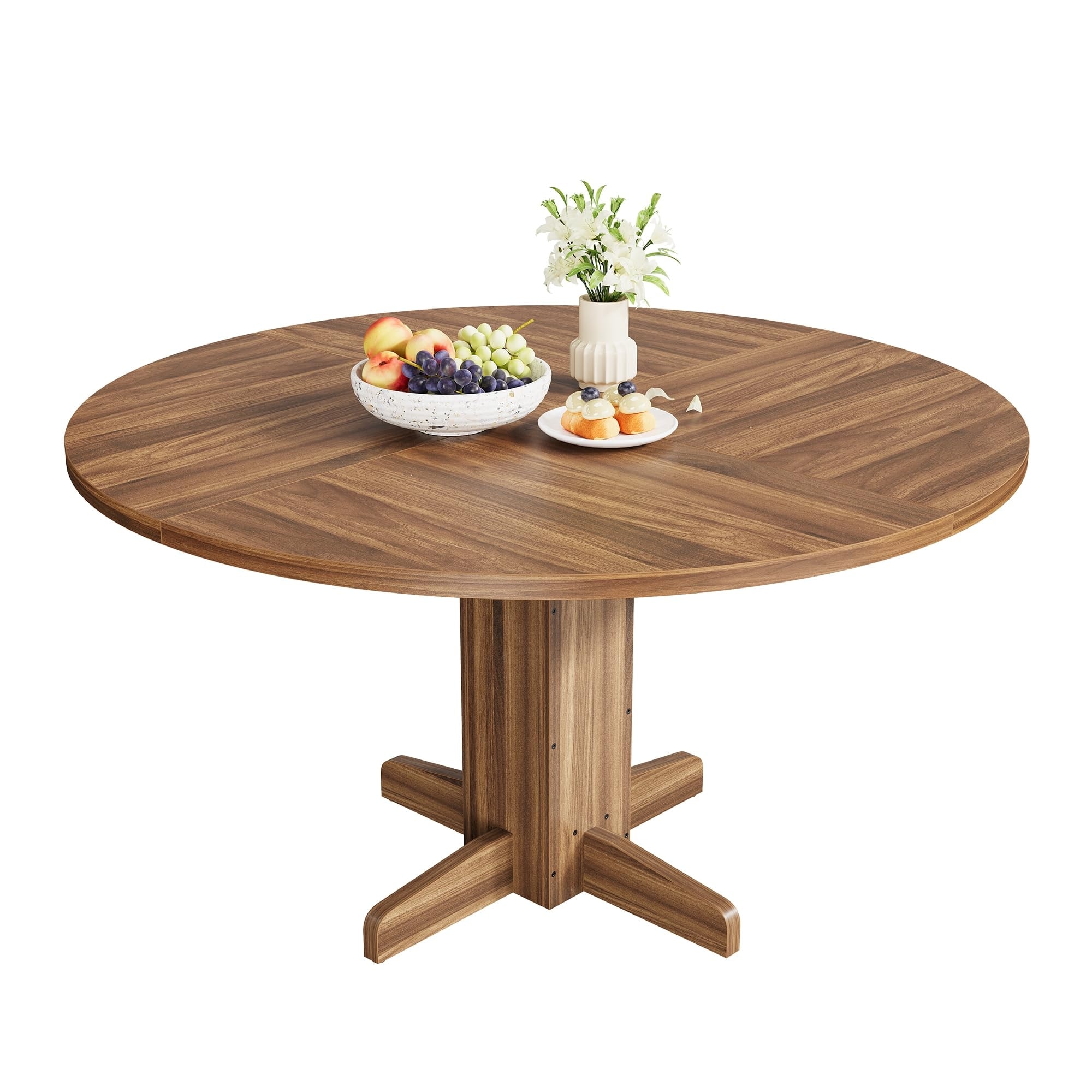 47" Round Dining Table for 4-6 People, Wood Kitchen Table with Pedestal Base, Farmhouse Style