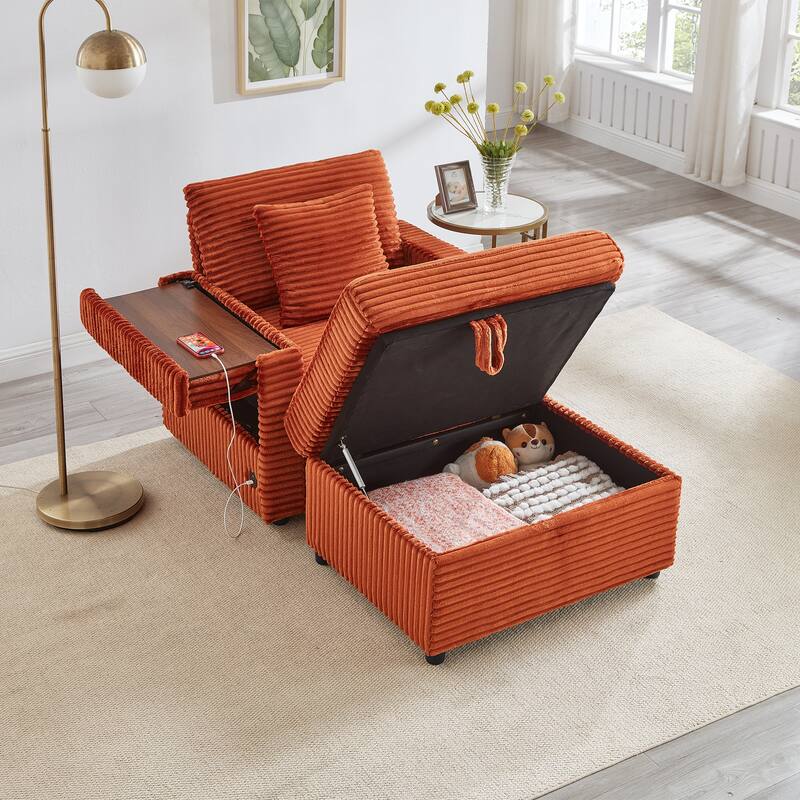 Fluffy Corduroy Lazy Sofa Chaise Lounge with Accent Chair, Storage Ottoman, Folding Table Board, Cup Holder and USB - Orange