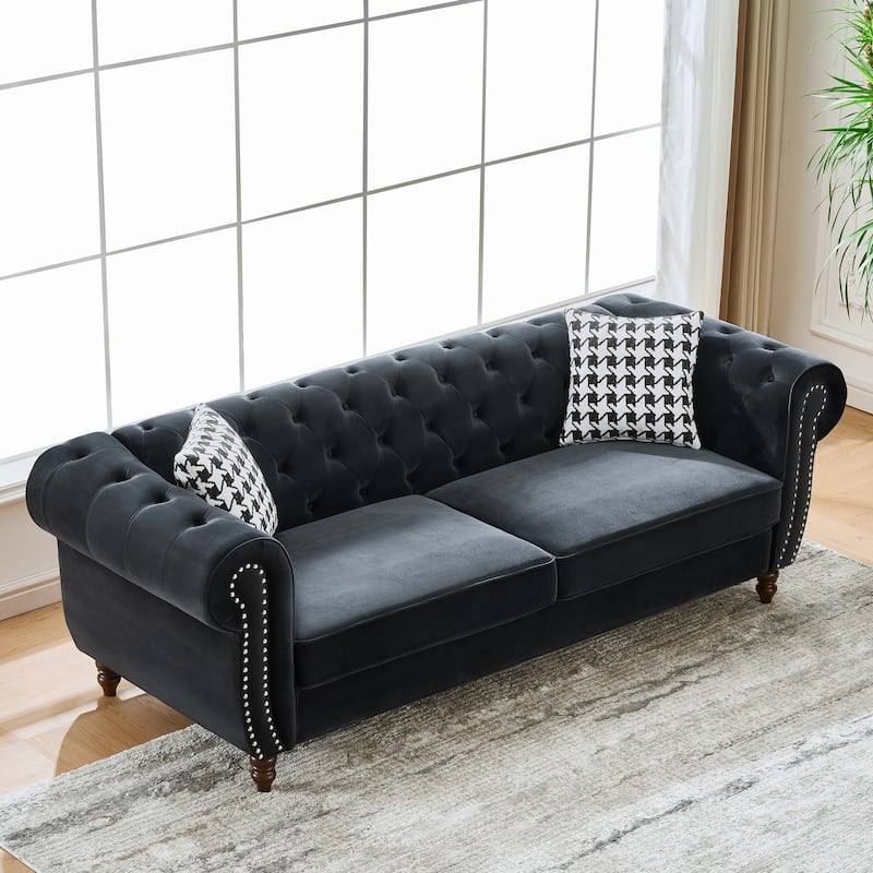 67"Chesterfield ‌velvet upholstery fabric Sofa with Roll Armrest & Nailhead,Upholstered Mid Century Modern Couch,2 Seater Couch