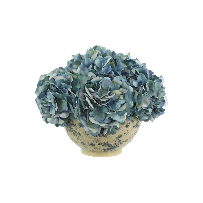 Hydrangea Floral Arrangement in a Decorative Ceramic Bowl - Blue, White