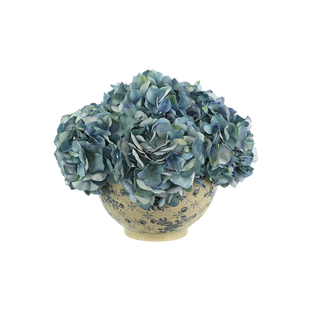 Hydrangea Floral Arrangement in a Decorative Ceramic Bowl - Blue, White