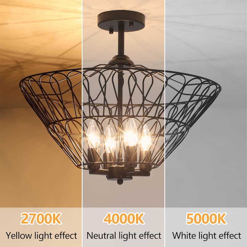 Matte Black 4-Light Metal Open Cage Semi-Flush Mount - Matte Black