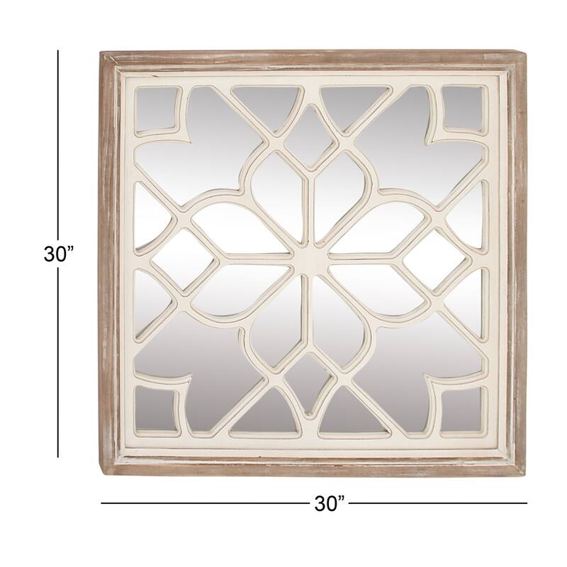 Wood Floral Wall Mirror with Carved Overlay and Brown Frame - White - Roche River Decor - 1"W x 30"L x 30"H