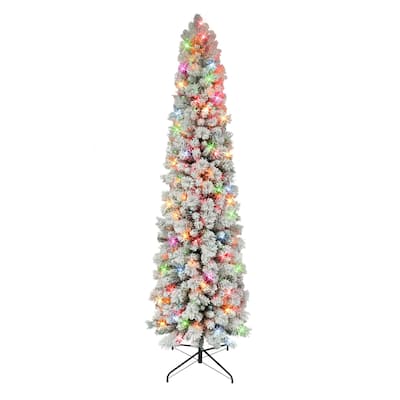 Puleo International 6.5 ft. Pre-lit Flocked Portland Pine Pencil Artificial Christmas Tree