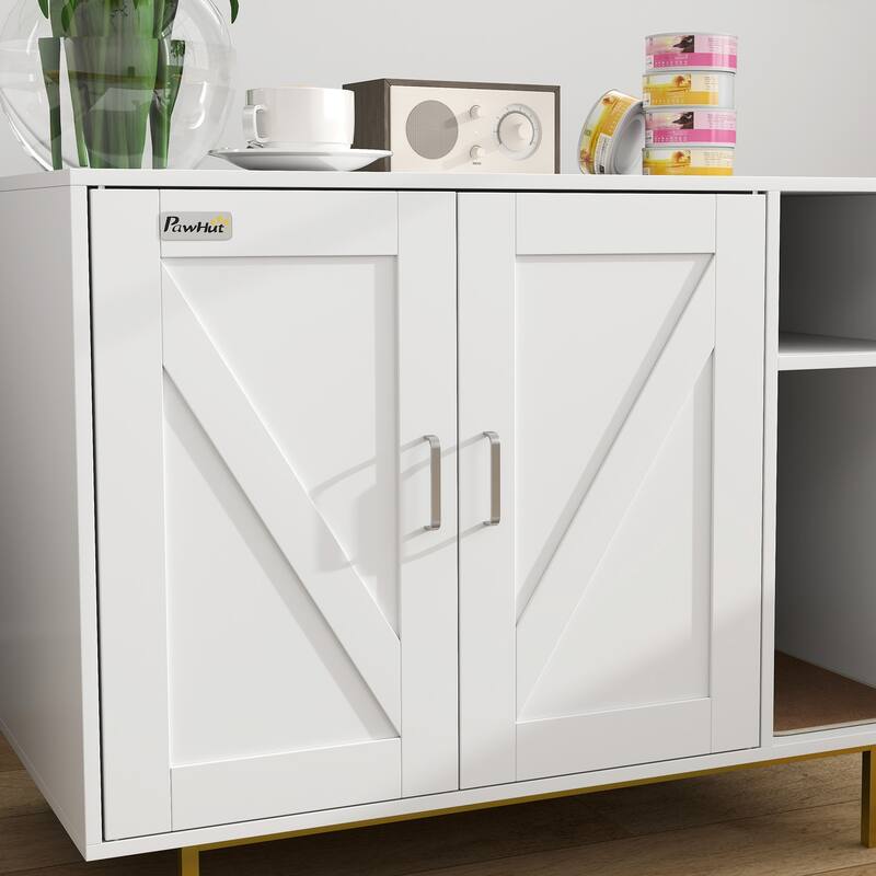 PawHut Cat Litter Box Enclosure, Kitty Litter Box Furniture with Scratching Pad, Storage, White