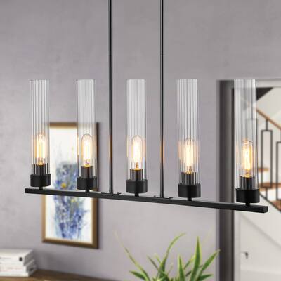 5-Light Black Metal Linear Cylindrical Clear Glass Pendant lights For Kitchen Island - 31.5 in. W x 2.5 in. D x 14 in. H