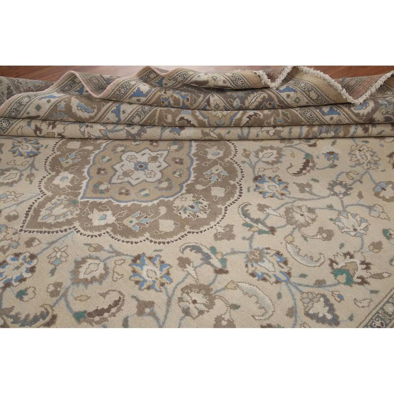 Hand Knotted Oriental 100% Wool Carpet Traditional Floral Beige & Ivories Tabriz Area Rug - 12' 8'' X 9' 8''