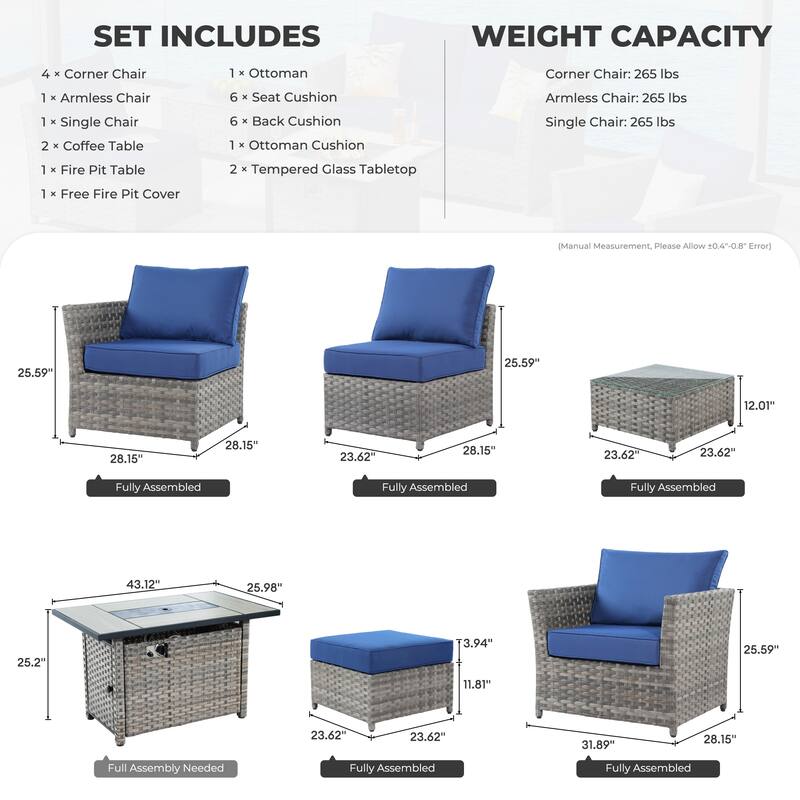 HOOOWOOO 10-piece Wicker Rattan Patio Furniture Sectional Set with Fire Pit