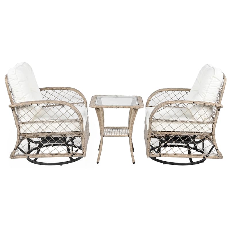 3-Piece Outdoor Chair Table Set Chat with Square Table & 2 Swiveling Chairs Set 2-person Rattan Seating Group for Garden