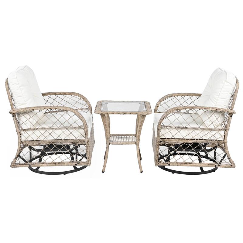 Roomfitters 3-Piece Outdoor Rattan Chat Set with 2 Swivel Rocking Chairs & Square Table for Patio
