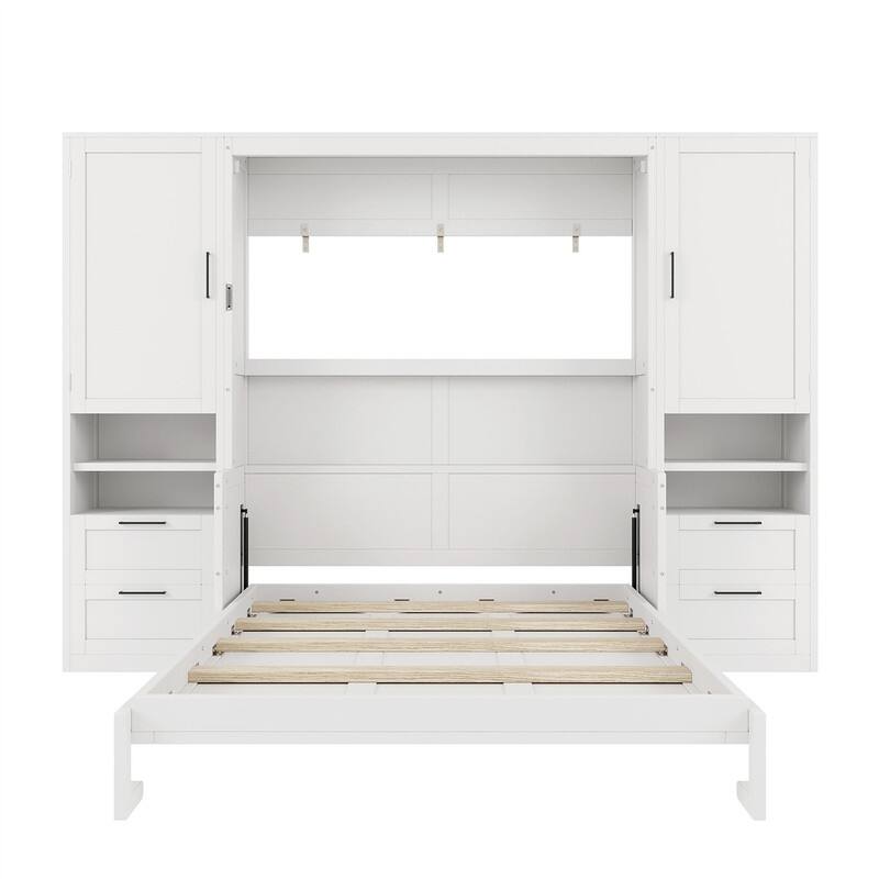Queen Size Murphy Bed Wall Bed with 2 Wardrobes and 4 Storage Drawers, Foldable Murphy Cabinet Bed w/Open Storage Shelves& Stool