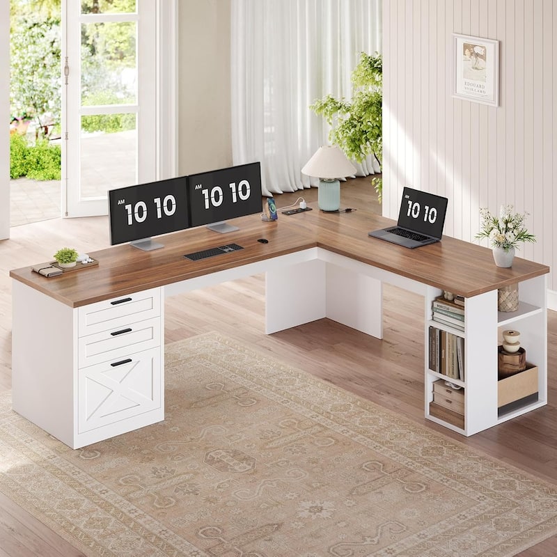 Farmhouse Executive L Shaped Desk Home Office Desk with Drawers and Storage Cabinet & Power Outlet
