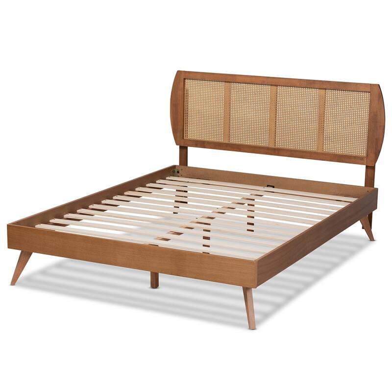 Mid-Century Modern Walnut Brown Wood and Rattan Queen Platform Bed with Angled Legs for Retro Style