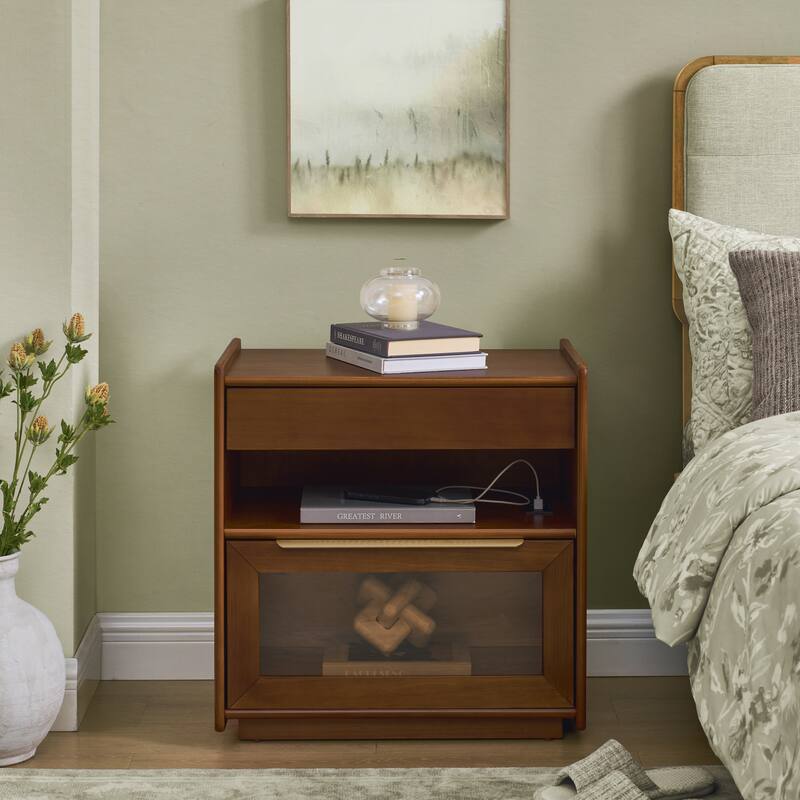 Roomfitters Mid Century Nightstand, Glass Drawer, Bedside Table with Charging Ports, Storage