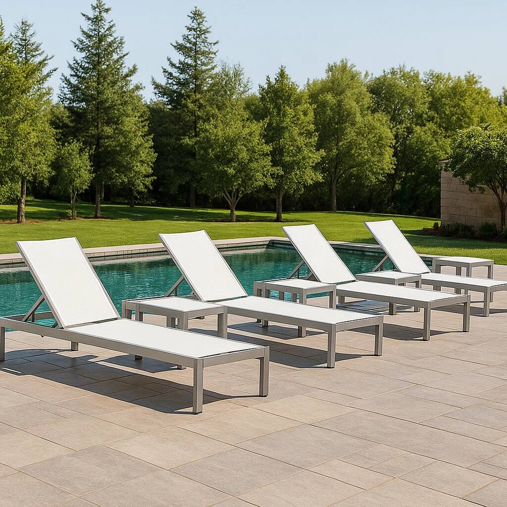 Metal Adjustable Lounger with Slatted Side Table, Set of 4, Gray and White