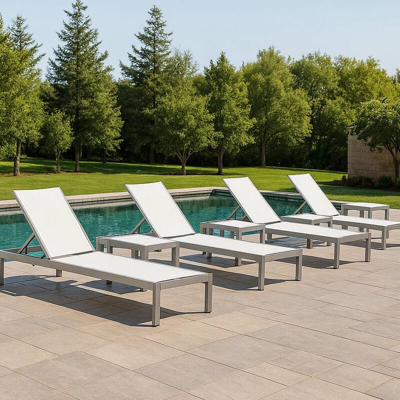 Metal Adjustable Lounger with Slatted Side Table, Set of 4, Gray and White