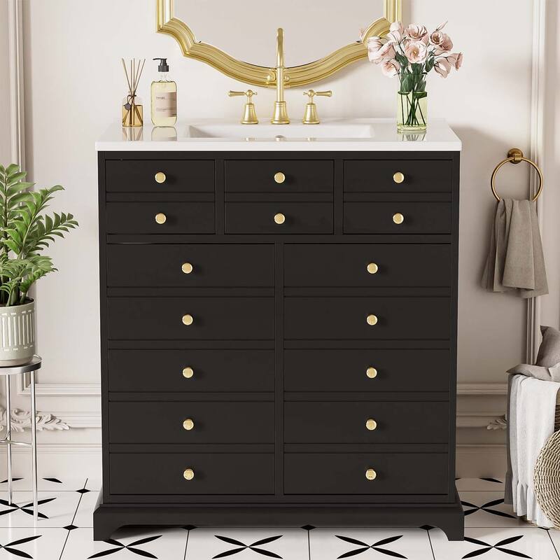 Wood Frame Bathroom Storage Cabinet with Ceramic Sink Combo - Black