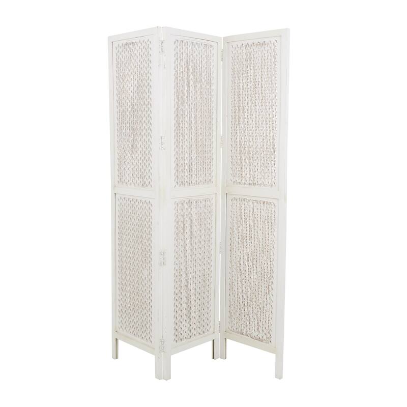 White Mango Wood Cutout 3 Panel Geometric Partition Room Divider Screen