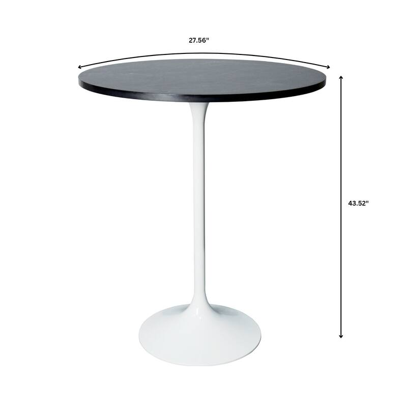 LeisureMod Verve 27" Bar Dining Table with Sintered Stone Round Top in White Steel, White Marbleized