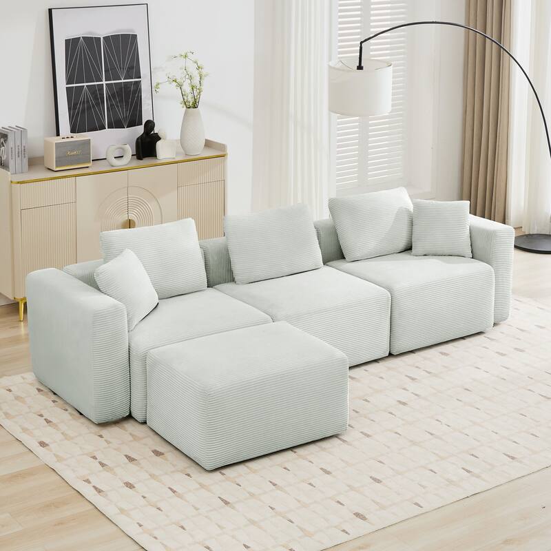 Corduroy Sectional Modular Sofa with Square Arms & Ottoman Extension for Flexible Arrangements