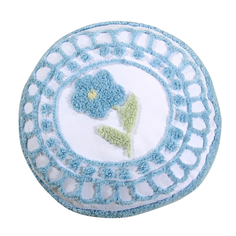 Better Trends Bloomfield Round Pillow 100% Cotton Tufted Chenille in Floral Design - 15" Round - Blue