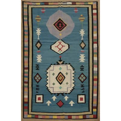 Hand Woven Oriental 100% Wool Carpet Southwestern Tribal Navy Blue & Blues Kilim Area Rug - 11' 11'' X 8' 11''