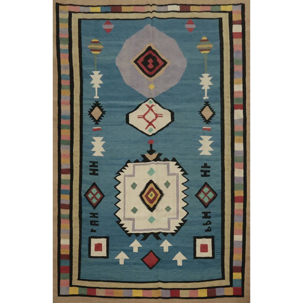 Hand Woven Oriental 100% Wool Carpet Southwestern Tribal Navy Blue & Blues Kilim Area Rug - 11' 11'' X 8' 11''