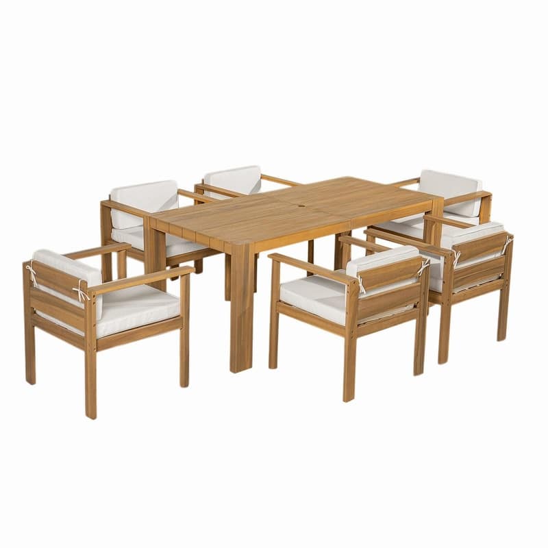 Acacia Wood 7-Piece Outdoor Dining Table Set with Chairs and Removable Cushions for Gatherings