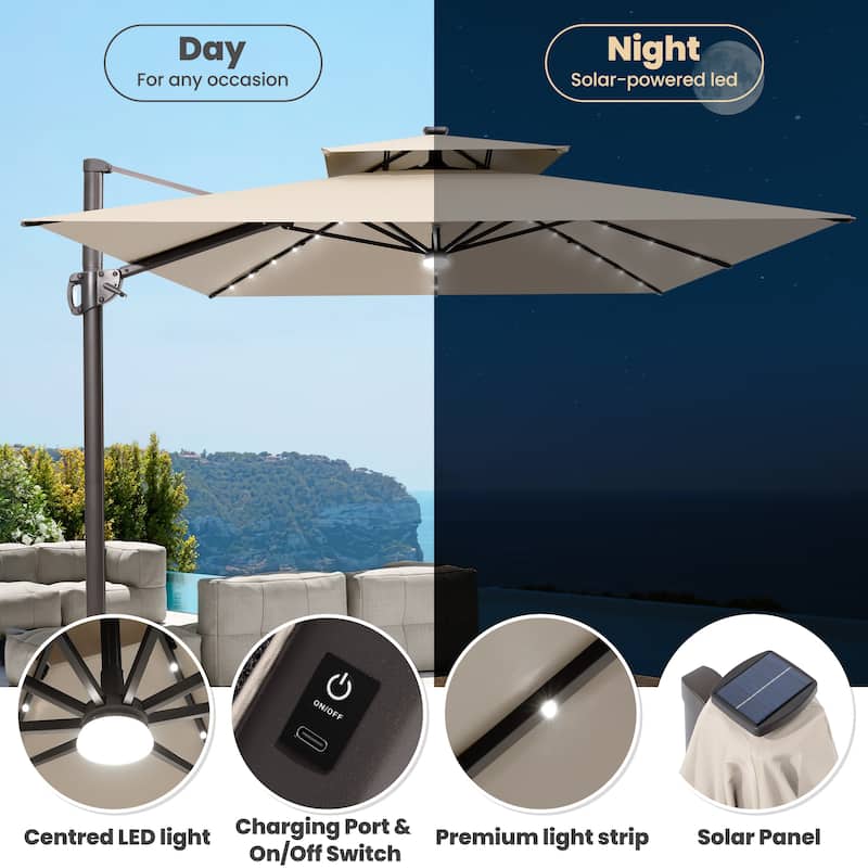 cantilever patio umbrella with solar panel on top Aluminum Cantilever Patio Umbrella, Double Top, 360-degree Rotation, Solar-powered LED Light