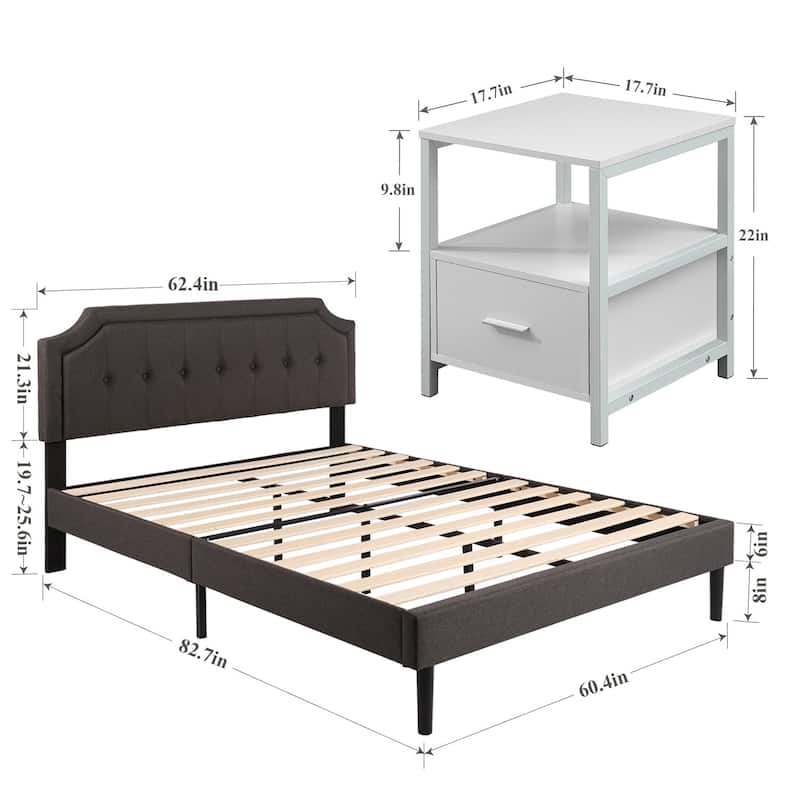 VECELO 3-Pieces Modern Upholstered Bed with Height Adjustable Headboard and Nightstands Sets